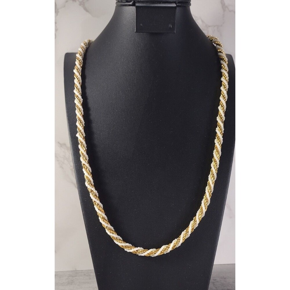 VTG Crown Trifari Rope Chain Necklace Twisted Gold Tone White Sead Beads 28"